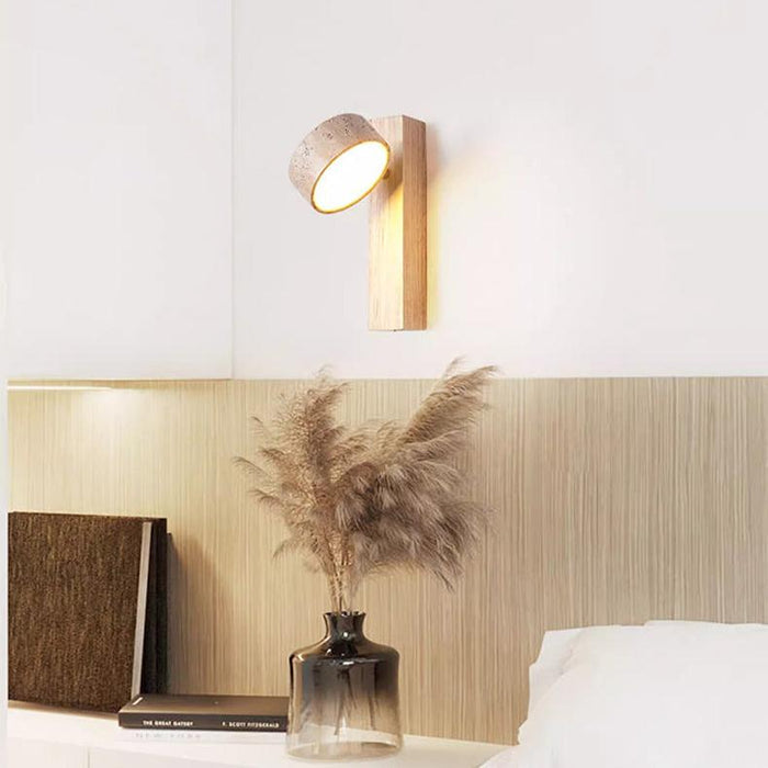 Kinkiet Ścienny Wabi Sabi z Trawertynu i Drewna, Obrotowa Lampa LED do Sypialni i Salonu, Złamana Biela 2