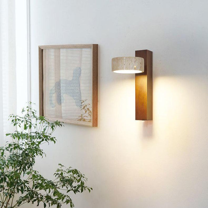 Kinkiet Ścienny Wabi Sabi z Trawertynu i Drewna, Obrotowa Lampa LED do Sypialni i Salonu, Złamana Biela 3