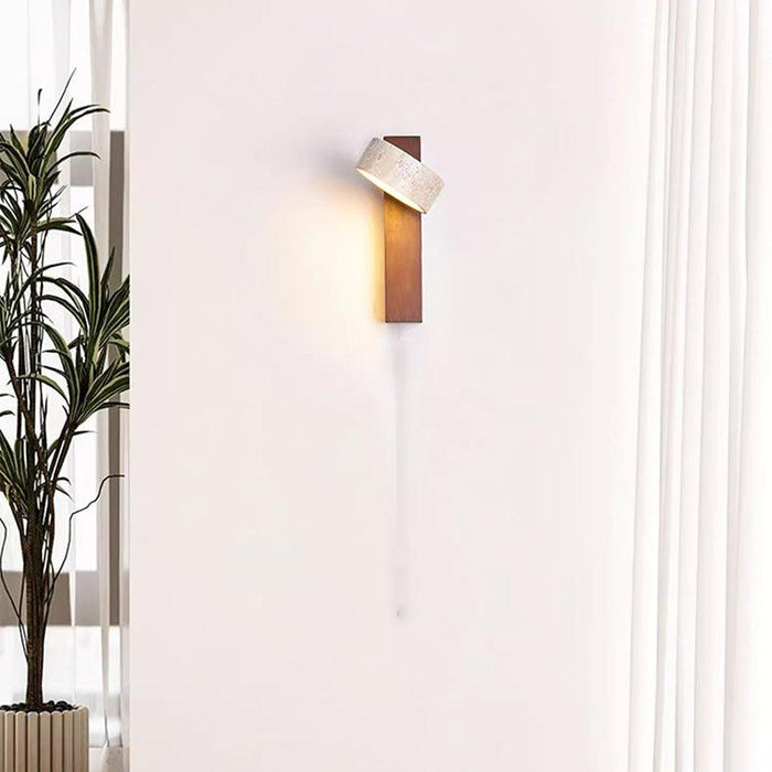 Kinkiet Ścienny Wabi Sabi z Trawertynu i Drewna, Obrotowa Lampa LED do Sypialni i Salonu, Złamana Biela 4
