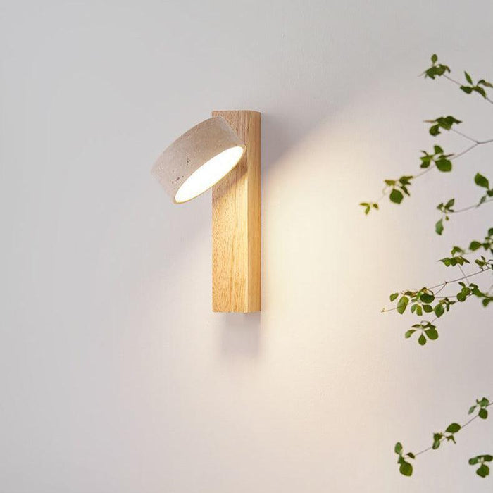 Kinkiet Ścienny Wabi Sabi z Trawertynu i Drewna, Obrotowa Lampa LED do Sypialni i Salonu, Złamana Biela 5