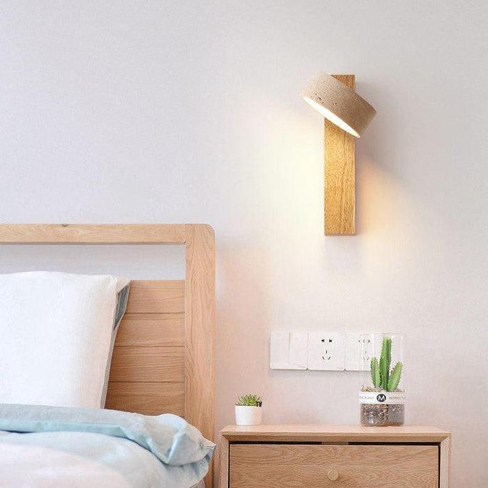 Kinkiet Ścienny Wabi Sabi z Trawertynu i Drewna, Obrotowa Lampa LED do Sypialni i Salonu, Złamana Biela 6