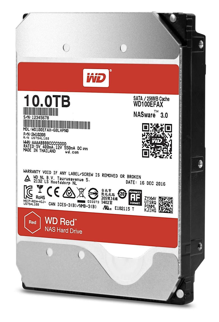 WD Red 10TB NAS Hard Drive - 5400 RPM Class, SATA 6 Gb/s, 256 MB Cache, 3.5" - WD100EFAX