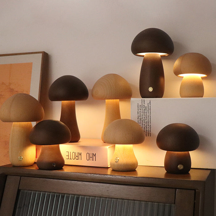 Drewniana Lampa Stołowa Grzybowa Bezprzewodowa LED – Ekologiczna Lampka Nocna na Baterie do Salonu i Sypialni 1