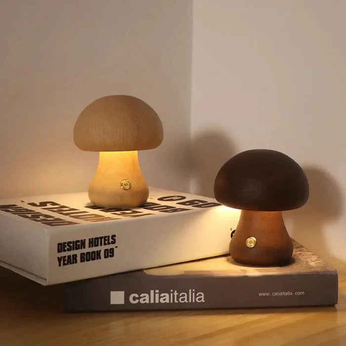 Drewniana Lampa Stołowa Grzybowa Bezprzewodowa LED – Ekologiczna Lampka Nocna na Baterie do Salonu i Sypialni 2