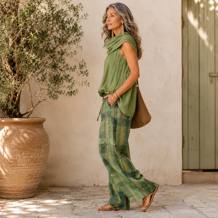 Komplet damski do noszenia w domu z luźną bluzką i szerokimi spodniami – naturalny styl boho 1