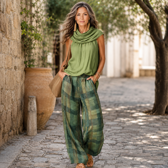Komplet damski do noszenia w domu z luźną bluzką i szerokimi spodniami – naturalny styl boho 2