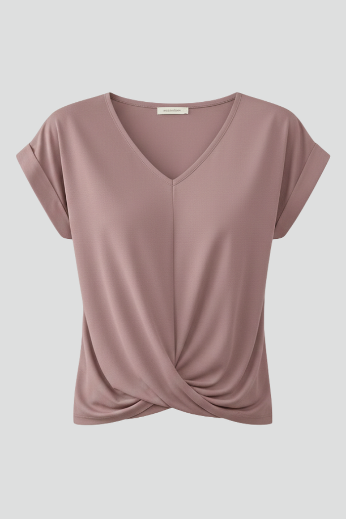 Bluzka damska z dekoltem w serek i krótkimi rękawami z lekkiego materiału – styl casual chic 1