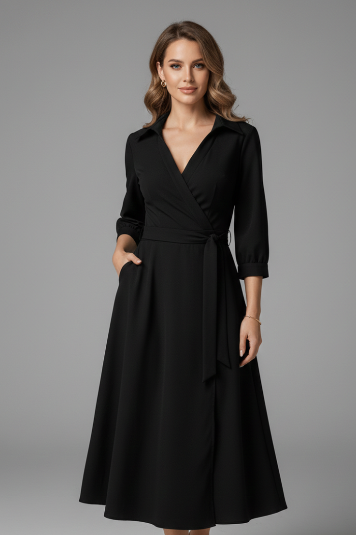 Damska sukienka midi z dekoltem w serek i regulowaną talią – elegancka letnia sukienka o kroju litery A 0