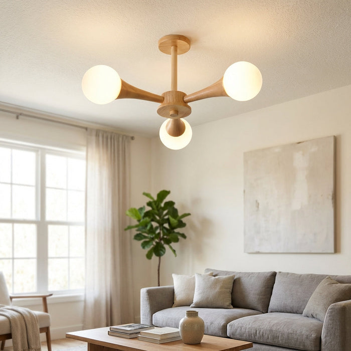 Lampa wisząca z drewna i szkła o średnicy 40 cm, idealna do nowoczesnego salonu i jadalni 1