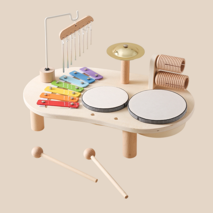 Drewniany Stół Muzyczny dla Dzieci z Instrumentami – Ksylofon, Bębny i Grzechotki 1
